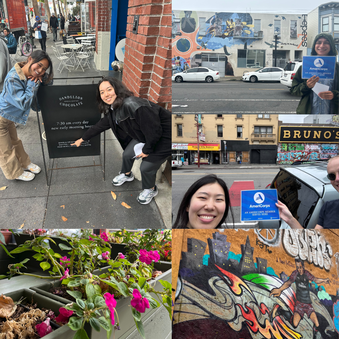 A collage of more members posing with signs for multiple businesses. There is also a photo of flowers at a store and a mural of a soccer player with the San Francisco skyline in the background.